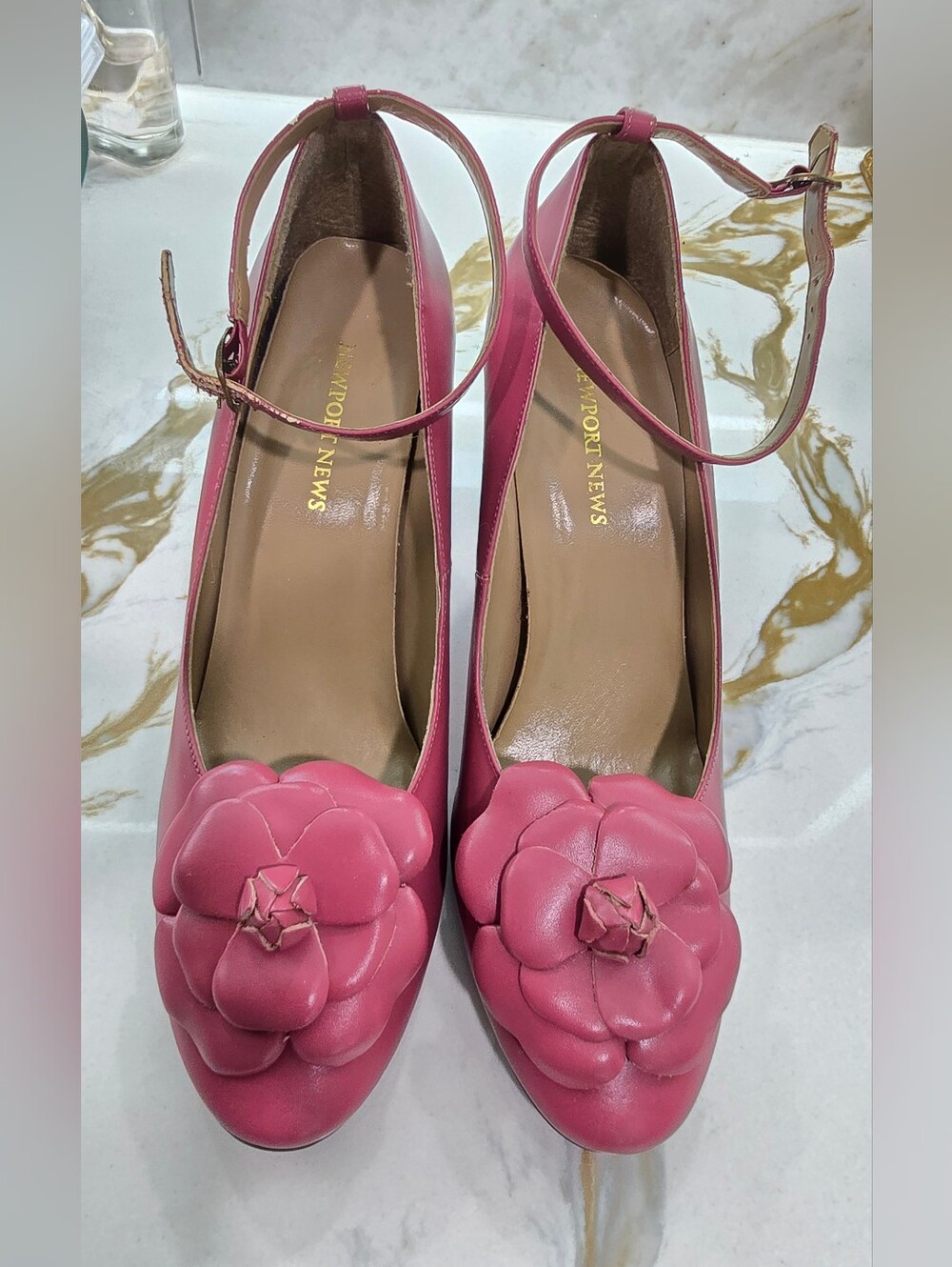 Pink Floral Ankle-Strap Pumps by New Port News.